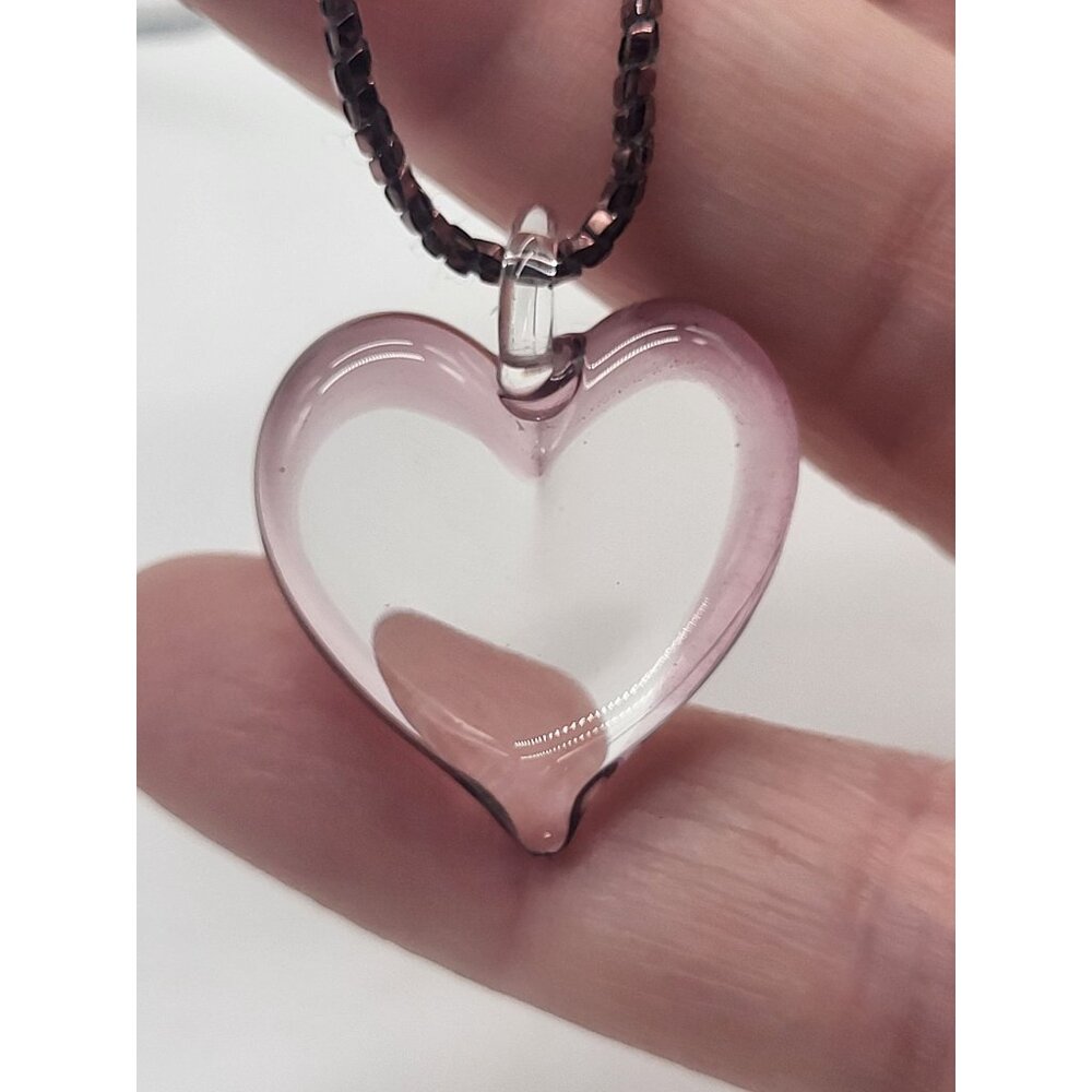 Yummi Heart Pendant Necklace VTG Art Glass Pink Sterling Silver Toggle Clasp 16" - Picture 4 of 10